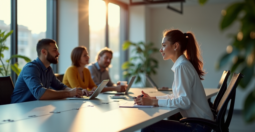 "Diverse team of professionals collaborating using AI-driven tools in a modern office space, showcasing future-proof skills and teamwork."