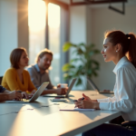 "Diverse team of professionals collaborating using AI-driven tools in a modern office space, showcasing future-proof skills and teamwork."