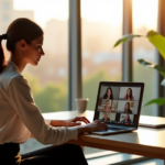 "A woman sits in a minimalist home office surrounded by lush greenery, focused on her laptop displaying virtual meeting feeds and chat windows, exemplifying remote work skills and AI automation expertise."