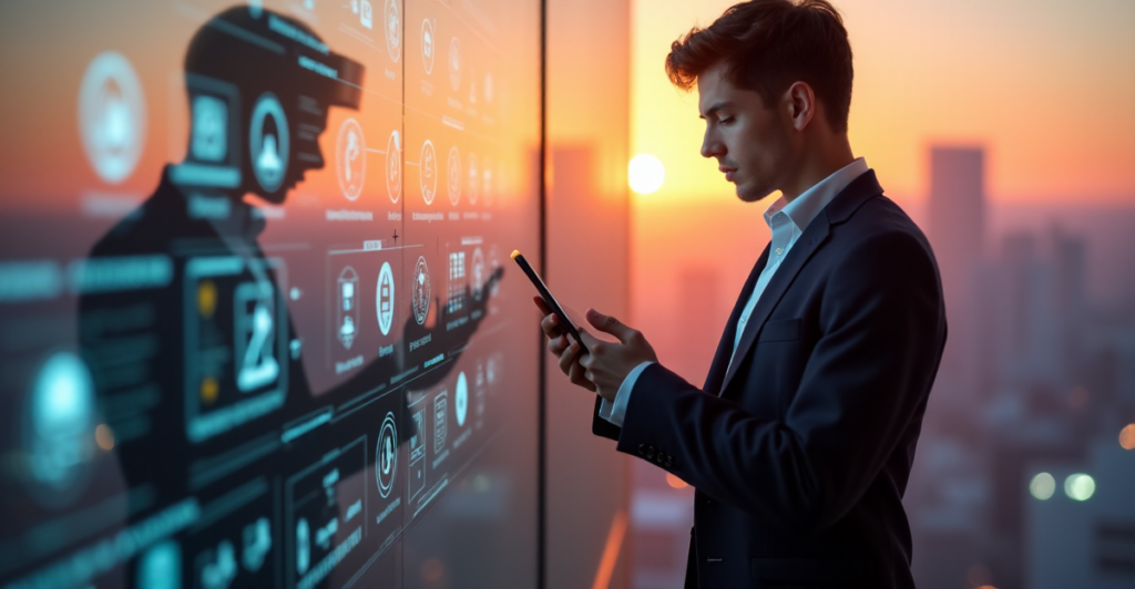 "A young professional stands confidently in front of a cityscape at sunset, intently navigating a virtual reality interface showcasing AI-powered coding tools, data analytics software, and cybersecurity platforms."