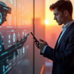 "A young professional stands confidently in front of a cityscape at sunset, intently navigating a virtual reality interface showcasing AI-powered coding tools, data analytics software, and cybersecurity platforms."