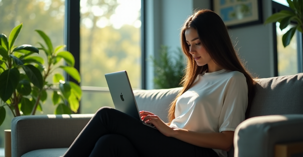 "A young woman sits on a minimalist couch, surrounded by lush greenery and natural light, intently focused on an AI-powered learning platform, cultivating future-proof skills in a serene atmosphere."