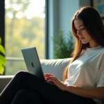"A young woman sits on a minimalist couch, surrounded by lush greenery and natural light, intently focused on an AI-powered learning platform, cultivating future-proof skills in a serene atmosphere."