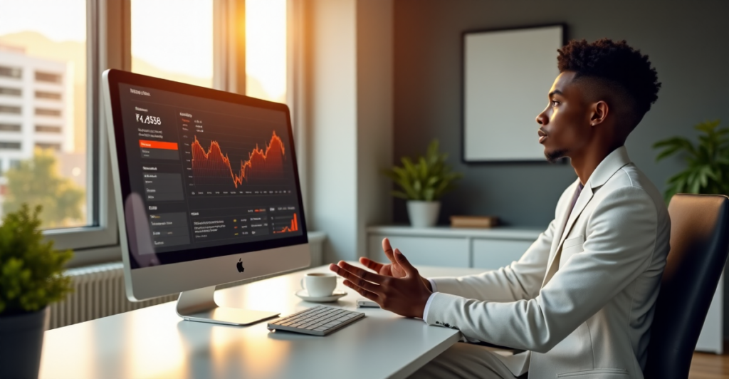 "A young professional in a crisp white business suit sits confidently at a desk, gesturing towards a data visualization graph on a large computer monitor, conveying expertise in data science and analytics for future-proof skills."