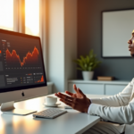 "A young professional in a crisp white business suit sits confidently at a desk, gesturing towards a data visualization graph on a large computer monitor, conveying expertise in data science and analytics for future-proof skills."