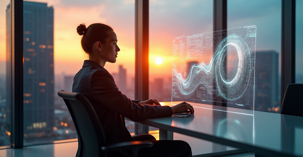 "A data scientist intensely studies a 3D holographic display with intricate data visualizations, showcasing AI-driven statistical analysis and unlocking business insights."