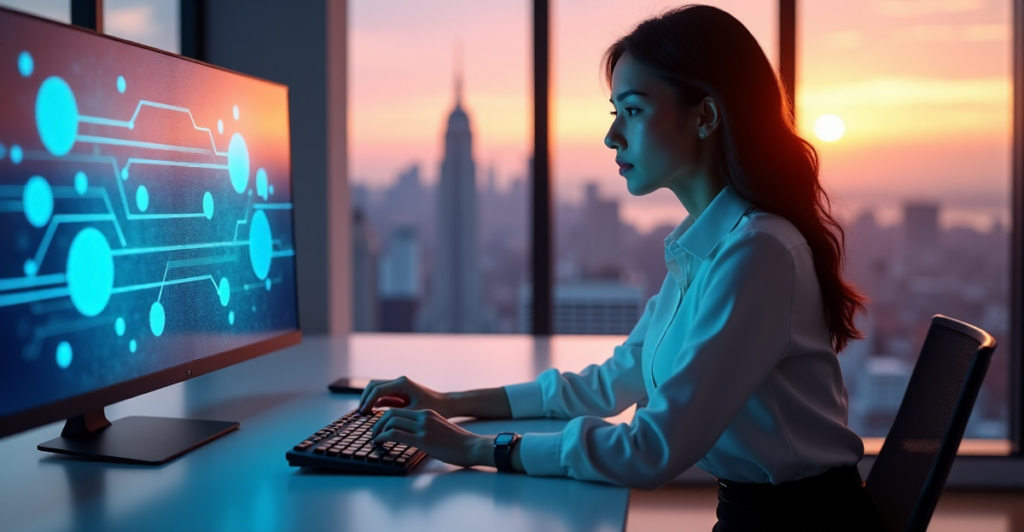 "A young woman sits at a minimalist desk, intensely focused on her computer screen displaying AI-powered learning strategies, with a stunning cityscape view behind her."
