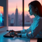 "A young woman sits at a minimalist desk, intensely focused on her computer screen displaying AI-powered learning strategies, with a stunning cityscape view behind her."