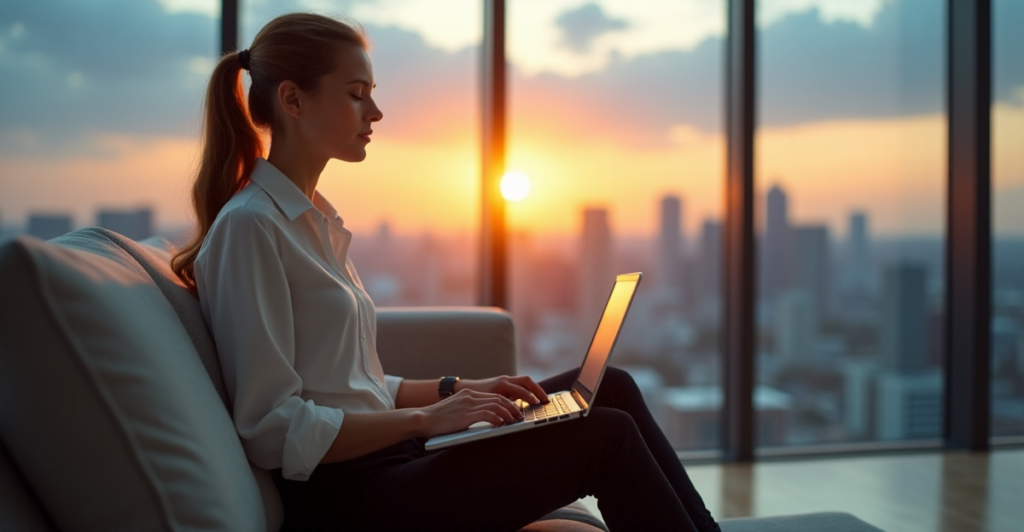 "A young professional woman sits calmly on a modern couch, laptop open with AI-powered skills development software, surrounded by a serene cityscape at sunset."