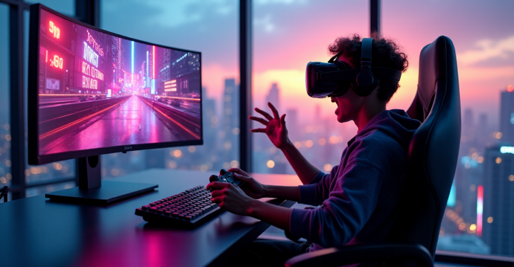 "A young gamer immersed in a blockchain-based virtual reality game, wearing a VR headset and controller, set against a futuristic cityscape at sunset."