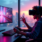 "A young gamer immersed in a blockchain-based virtual reality game, wearing a VR headset and controller, set against a futuristic cityscape at sunset."