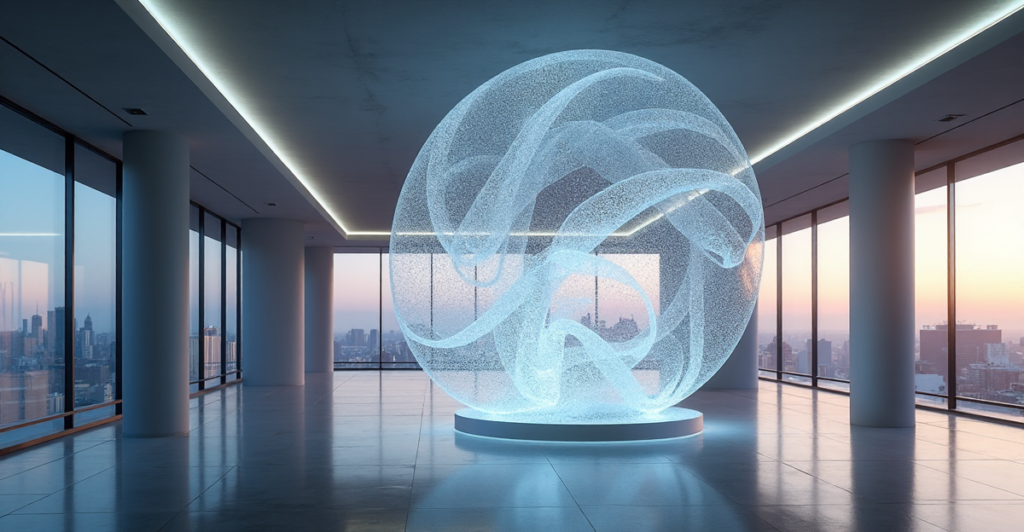 "A futuristic digital art gallery featuring a 10-foot tall blockchain-powered LED sculpture with intricate patterns, surrounded by minimalist architecture and subtle lighting."