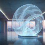 "A futuristic digital art gallery featuring a 10-foot tall blockchain-powered LED sculpture with intricate patterns, surrounded by minimalist architecture and subtle lighting."