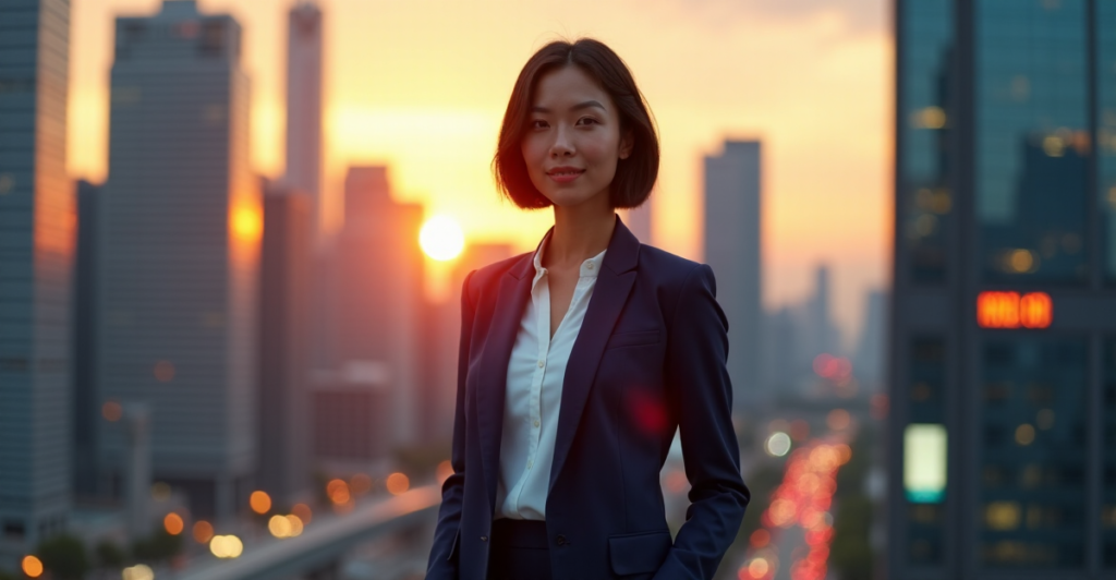"A confident businesswoman stands in front of a modern cityscape at sunset, embodying leadership skills and future-proof skills for career growth and success."