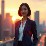 "A confident businesswoman stands in front of a modern cityscape at sunset, embodying leadership skills and future-proof skills for career growth and success."