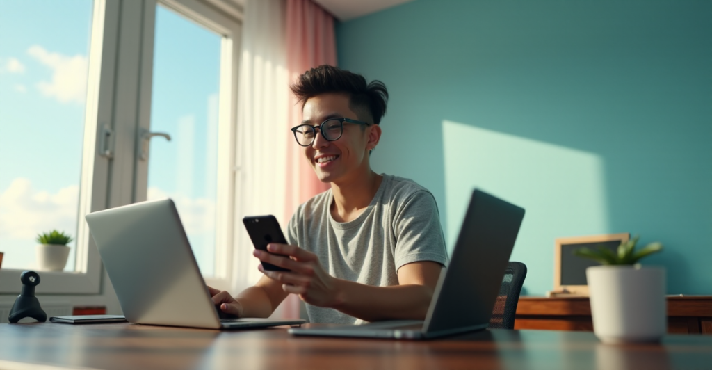 "A young adult relaxes amidst modern tech, effortlessly juggling gadgets on a minimalist desk with AI automation skills integrated into their daily life."