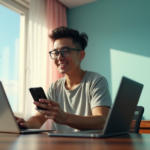 "Unlock Effortless Efficiency with Top Gadgets That Combine Fun and Functionality" "A young adult relaxes amidst modern tech, effortlessly juggling gadgets on a minimalist desk with AI automation skills integrated into their daily life."
