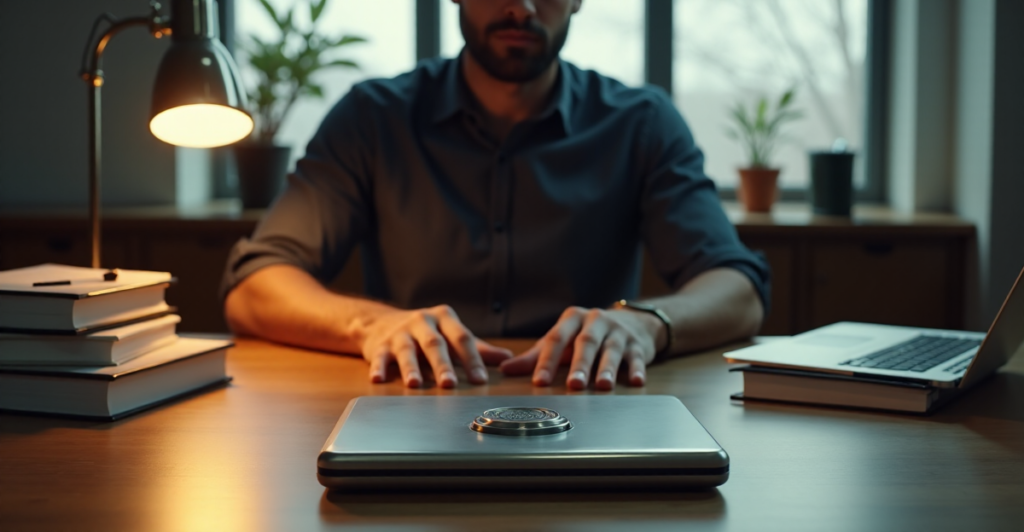 A person sits at a wooden desk, surrounded by cryptocurrency items, focusing on a sleek digital wallet with hands placed gently beside it, conveying care and attention to detail in a calm, secure environment.