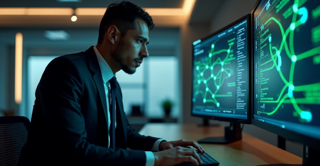 "A cybersecurity expert intently focuses on a network diagram, ready to respond to threats with future-proof skills in a dimly lit office."