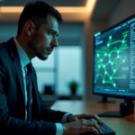 "A cybersecurity expert intently focuses on a network diagram, ready to respond to threats with future-proof skills in a dimly lit office."