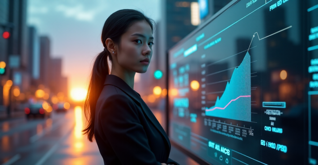 "A young woman in a sleek black business suit stands confidently in front of a futuristic cityscape at dusk, with screens displaying AI automation concepts behind her."