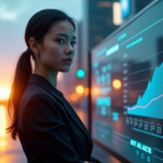 Future-Proof Your Career with AI Automation Skills You Need "A young woman in a sleek black business suit stands confidently in front of a futuristic cityscape at dusk, with screens displaying AI automation concepts behind her."