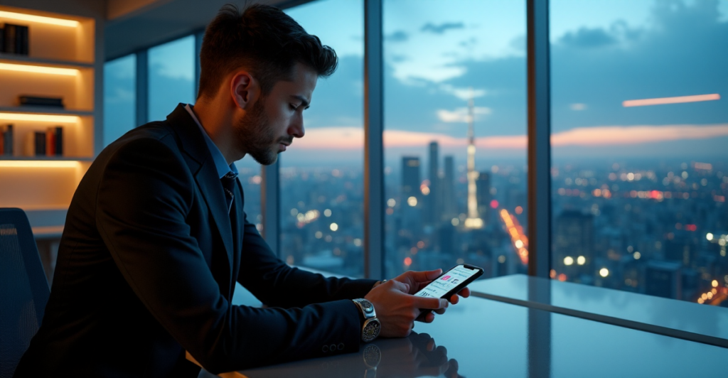 "A young professional sits in a high-tech room, intensely focused on AI-driven data analysis software on their smartphone, showcasing exceptional AI automation skills amidst a bustling cityscape at dusk."