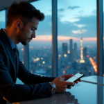 "A young professional sits in a high-tech room, intensely focused on AI-driven data analysis software on their smartphone, showcasing exceptional AI automation skills amidst a bustling cityscape at dusk."
