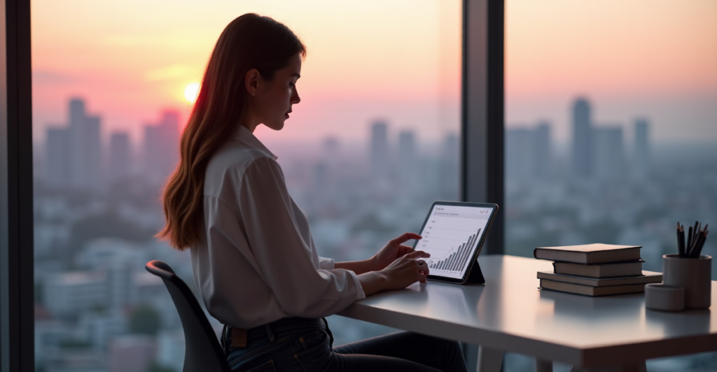 "A young woman sits confidently at a desk, gazing intently at an AI-driven graph illustrating growth in automation skills."