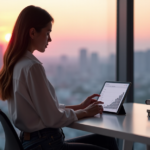 "A young woman sits confidently at a desk, gazing intently at an AI-driven graph illustrating growth in automation skills."
