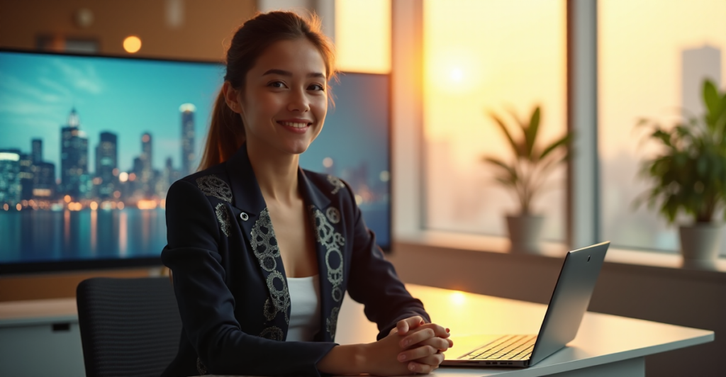 "A young woman sits confidently in front of a modern desk, dressed in a tailored business suit with interconnected gears pattern, gazing at a futuristic cityscape on her large screen."