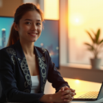 Empower Your Career with Long-Lasting Skills for Tomorrow's Workforce "A young woman sits confidently in front of a modern desk, dressed in a tailored business suit with interconnected gears pattern, gazing at a futuristic cityscape on her large screen."