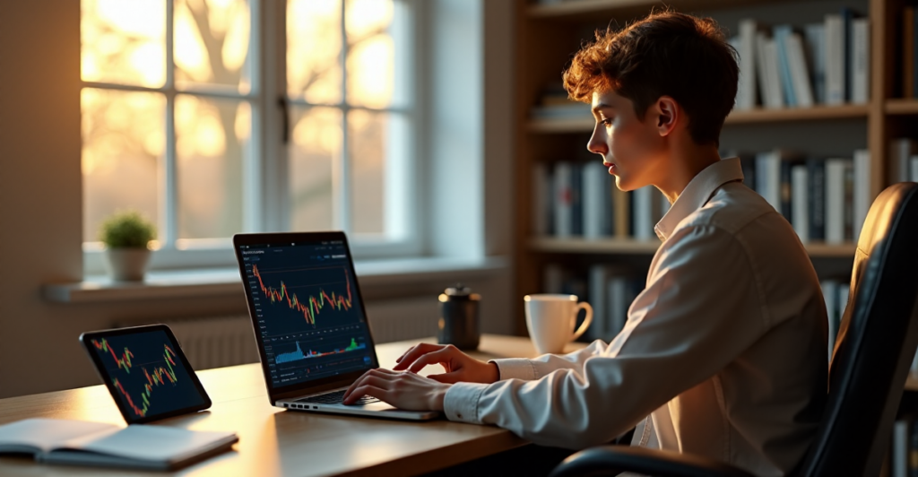 "A young adult studies cryptocurrency markets on a laptop in a home office, surrounded by finance and tech books."