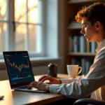 "A young adult studies cryptocurrency markets on a laptop in a home office, surrounded by finance and tech books."