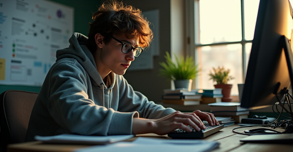 "A young adult sits at a cluttered desk, intensely focused on coding and blockchain education, surrounded by computer screens, books, and cryptocurrency paraphernalia."