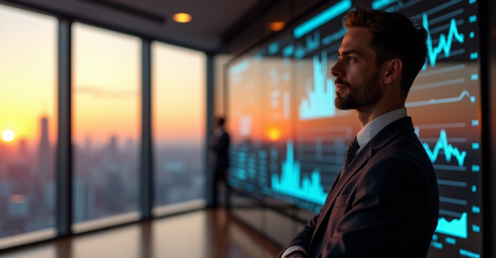 "A business professional stands in a high-tech conference room, gazing at a data visualization dashboard with AI-driven insights, showcasing their expertise in AI automation skills."