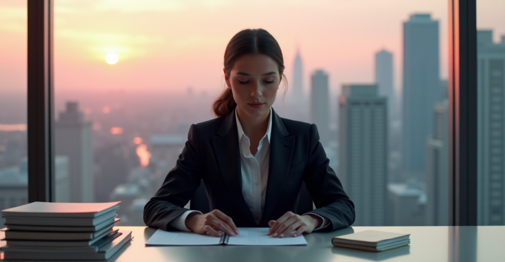 "A professional woman sits at a minimalist desk, surrounded by organized papers and books, with a cityscape at sunrise visible through a large window behind her."
