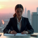 "A professional woman sits at a minimalist desk, surrounded by organized papers and books, with a cityscape at sunrise visible through a large window behind her."