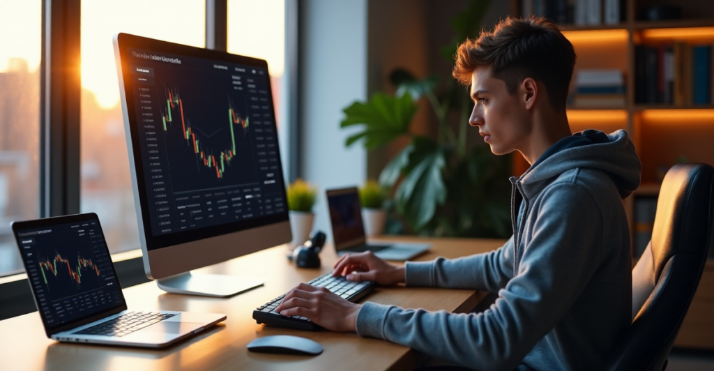 "A young adult analyzes blockchain project data on a computer monitor while reviewing cryptocurrency charts on a tablet in a modern home office."