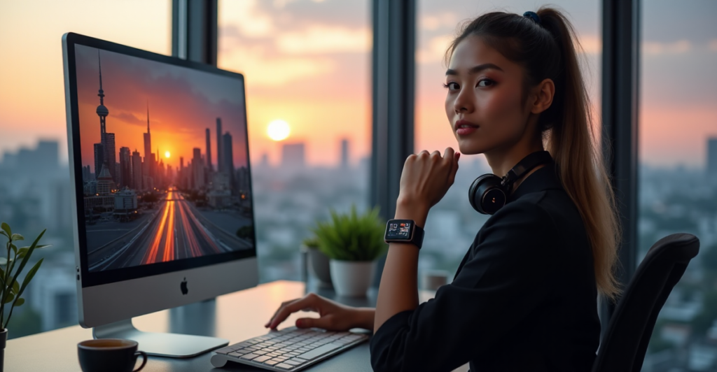 "A young professional woman sits at a minimalist desk, gazing introspectively with determination, surrounded by futuristic smart workspace elements and a breathtaking cityscape view."