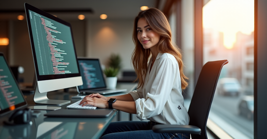 "A young professional woman sits at a modern desk, typing on her computer with focus and determination, surrounded by digital tools and warm natural light."