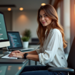 "A young professional woman sits at a modern desk, typing on her computer with focus and determination, surrounded by digital tools and warm natural light."
