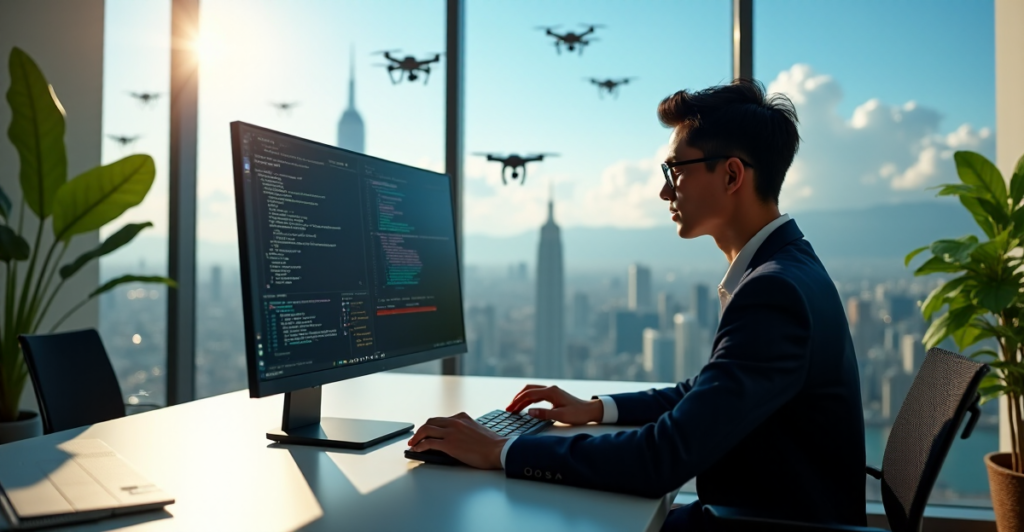 "A young professional sits confidently at a desk, intensely focusing on coding and data analytics with precision and purpose, showcasing AI automation skills in a futuristic cityscape."