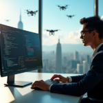 "A young professional sits confidently at a desk, intensely focusing on coding and data analytics with precision and purpose, showcasing AI automation skills in a futuristic cityscape."
