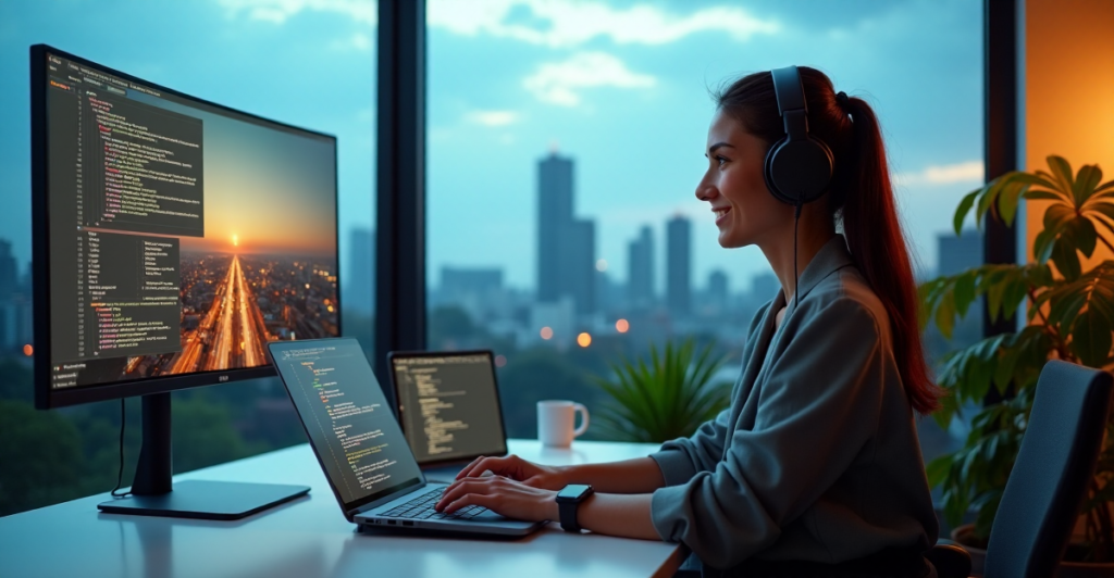 "A young woman sits at a minimalist desk, surrounded by lush greenery and floor-to-ceiling windows, with a futuristic cityscape on her high-resolution monitor, showcasing future-proof skills in remote work."