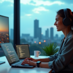 "Future-Proof Remote Work Skills: Staying Ahead in a Rapidly Changing World" "A young woman sits at a minimalist desk, surrounded by lush greenery and floor-to-ceiling windows, with a futuristic cityscape on her high-resolution monitor, showcasing future-proof skills in remote work."