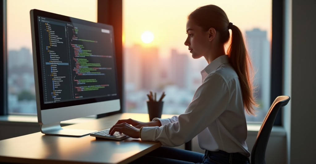 "A young woman sits confidently at a modern desk, typing on her computer with a focused expression, surrounded by natural light in a minimalist office space."