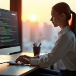 "A young woman sits confidently at a modern desk, typing on her computer with a focused expression, surrounded by natural light in a minimalist office space."