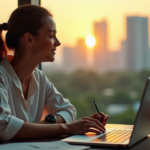 "Essential Tools for Navigating Freelance Life: Unlock Long-Term Career Success with AI-Driven Skills" A young woman sits at a cluttered yet organized desk, surrounded by tools for freelance success, showcasing her AI automation skills amidst a serene cityscape.