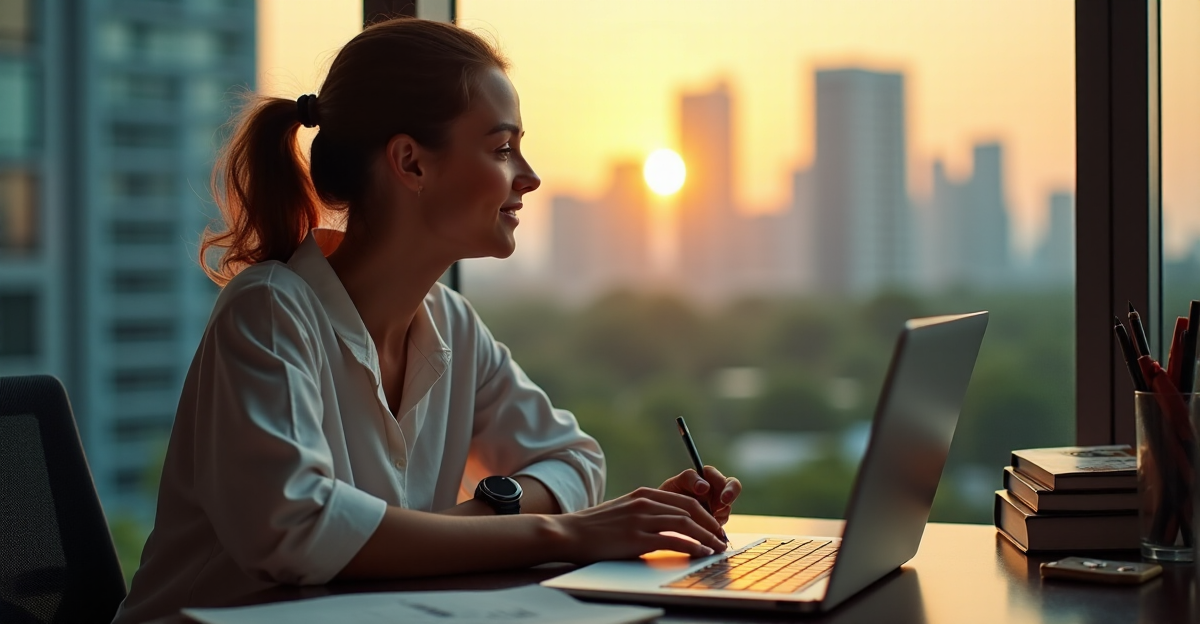 A young woman sits at a cluttered yet organized desk, surrounded by tools for freelance success, showcasing her AI automation skills amidst a serene cityscape.
